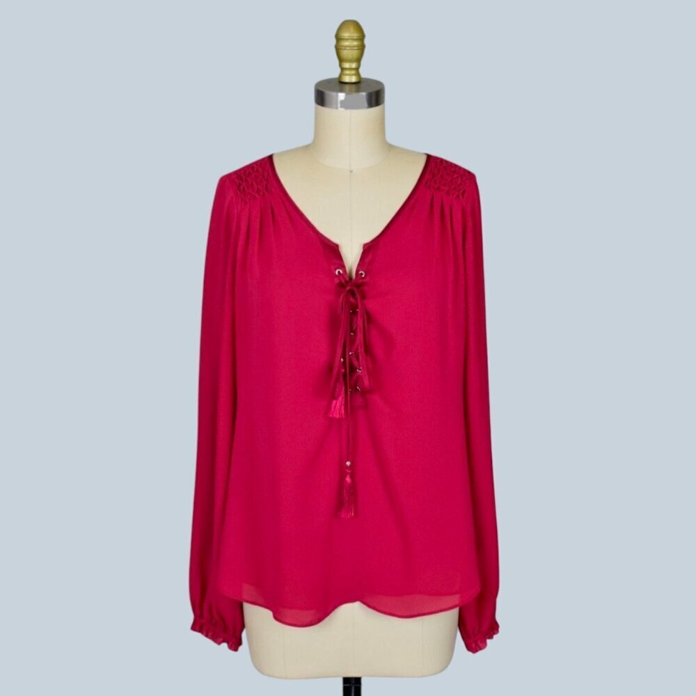 WHITE HOUSE BLACK MARKET LACE-UP FRONT DARK PINK RED BLOUSE
